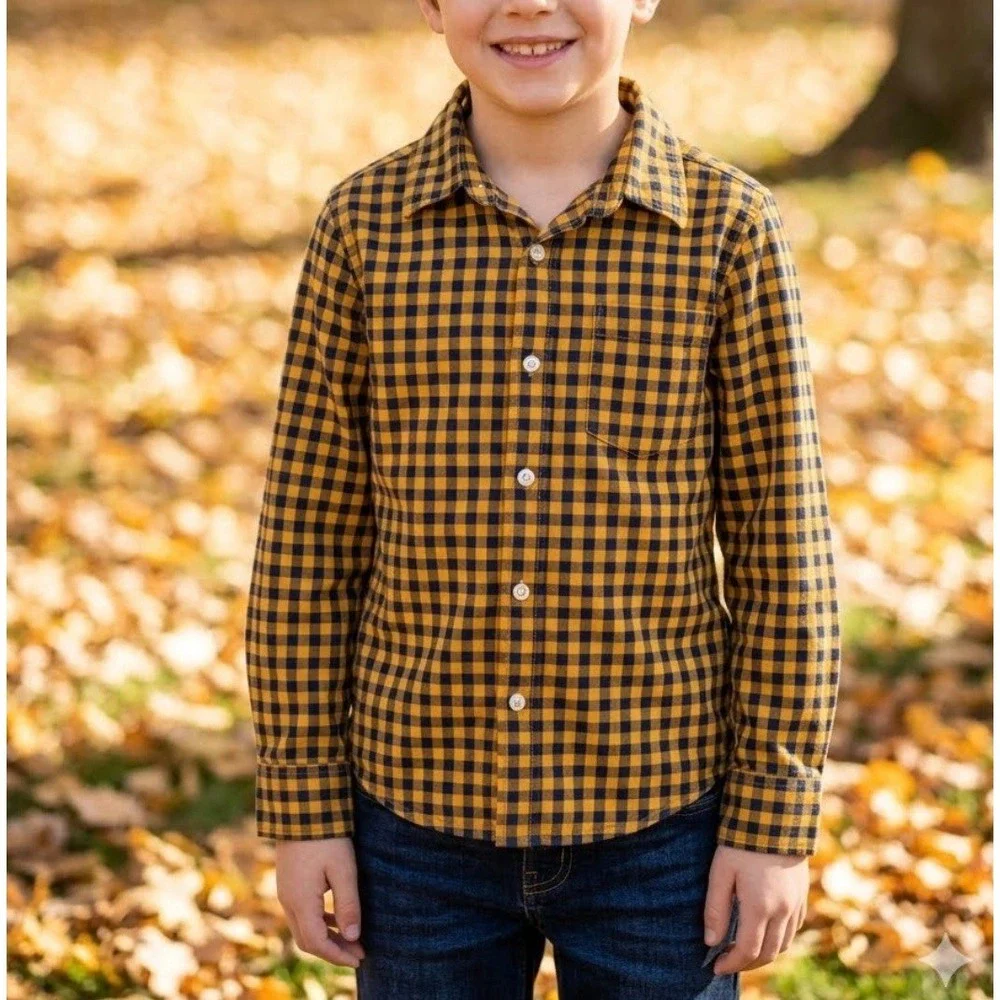 Old Navy Yellow & Black Plaid Button-Down boys Shirt w/built in flex Sz-M(8) GG8